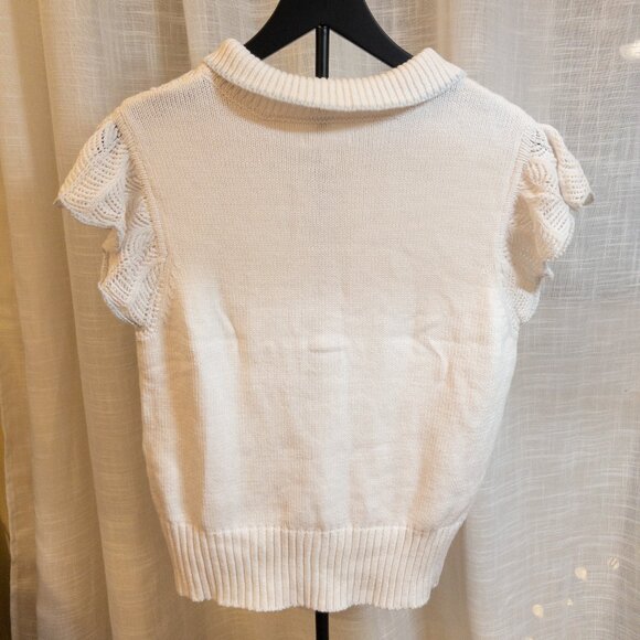Lauren Conrad Cream Knit Polo Shirt / Sweater Top w/ Ruffled Sleeves Size Large - Picture 4 of 10